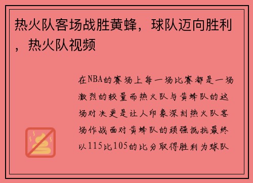 热火队客场战胜黄蜂,球队迈向胜利,热火队视频