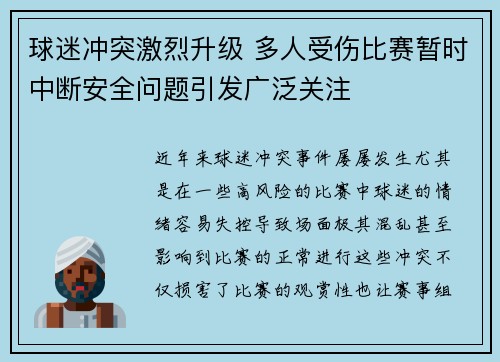 球迷冲突激烈升级 多人受伤比赛暂时中断安全问题引发广泛关注