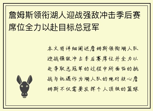 詹姆斯领衔湖人迎战强敌冲击季后赛席位全力以赴目标总冠军 詹姆斯领衔湖人迎战强敌冲击季后赛席位全力以赴目标总冠军